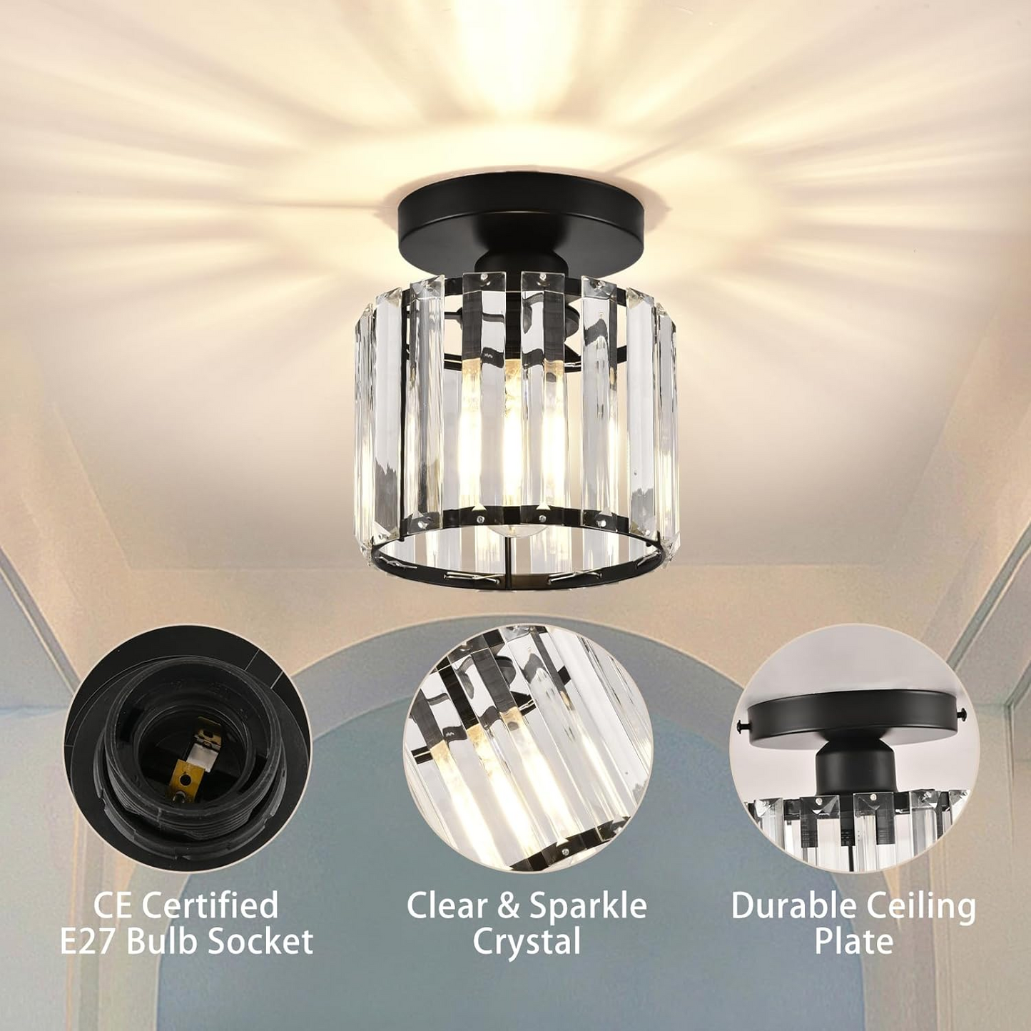 Elegant Kristalltaklampa med Modern Mässingsdesign