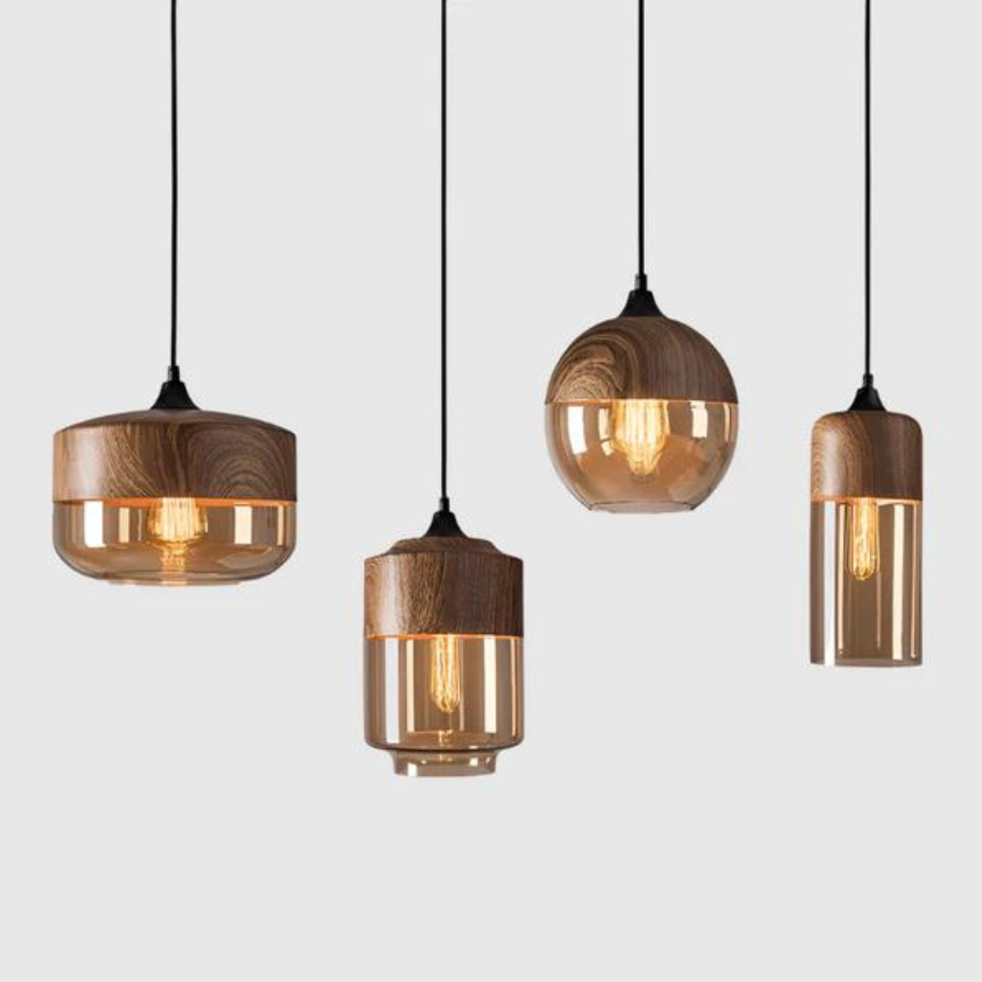 Elegant Skandinavisk Trä Taklampa med Glas