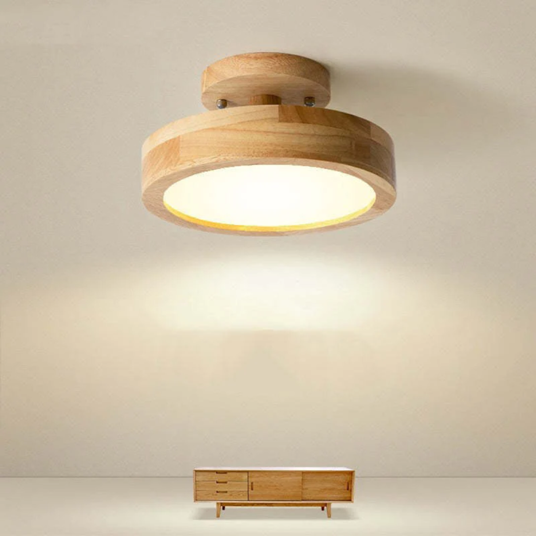 Elegant Rund LED Taklampa i Trä – Modern Belysning